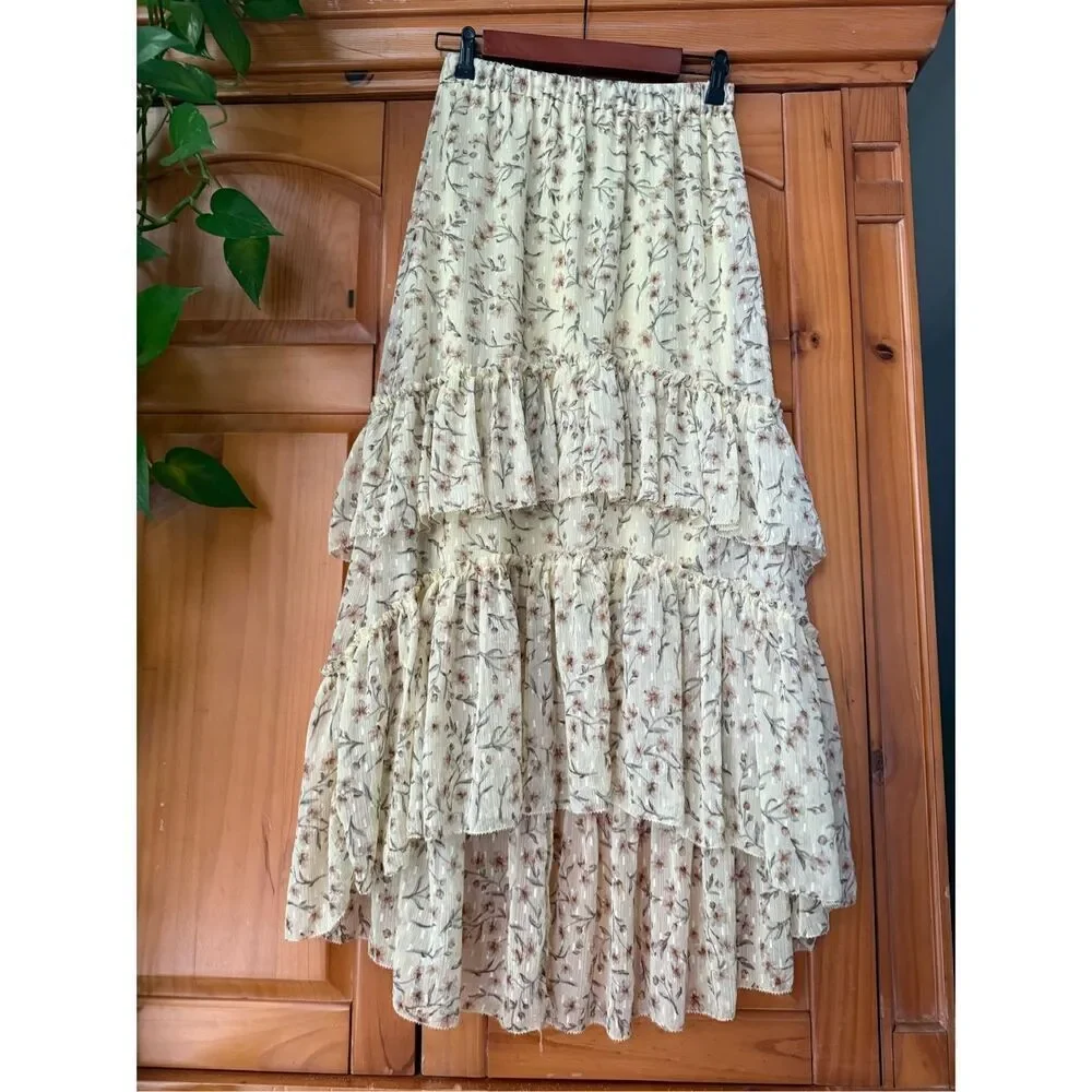 H&M Floral Tiered Midi Skirt Cream Boho Cottagecore Womens S